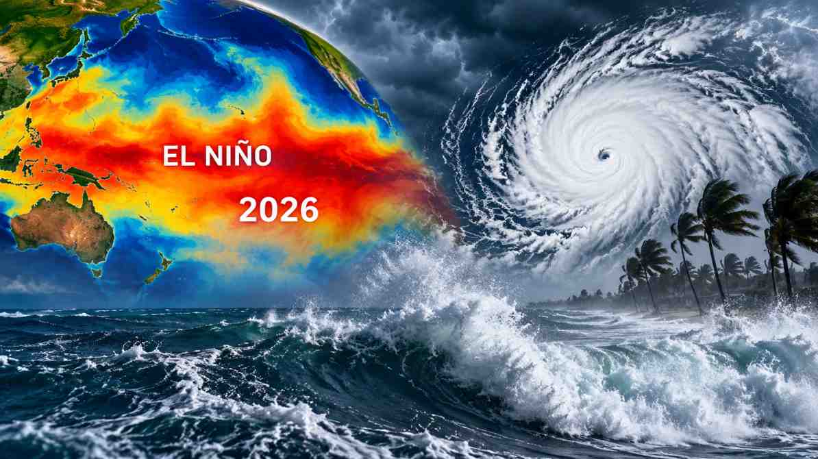 सुपर अल नीनो 2026 और गर्म समुद्री पानी से बनते तूफान की प्रतीकात्मक तस्वीर