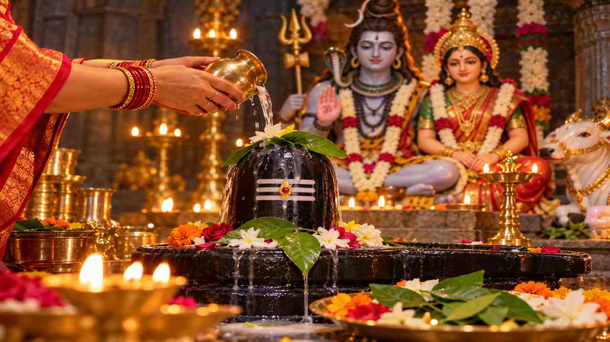 शुक्र प्रदोष व्रत 2026 पर शिवलिंग की पूजा और बेलपत्र अर्पित करते श्रद्धालु