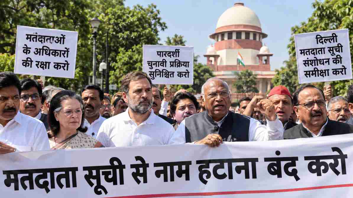 दिल्ली मतदाता सूची संशोधन के खिलाफ विपक्षी नेताओं का सुप्रीम कोर्ट तक विरोध मार्च।